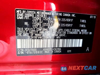 Zdjęcie 12 z 12 samochodu: 2019 TOYOTA RAV4 LE VIN:2T3H1RFV4KC019416 - miniatura