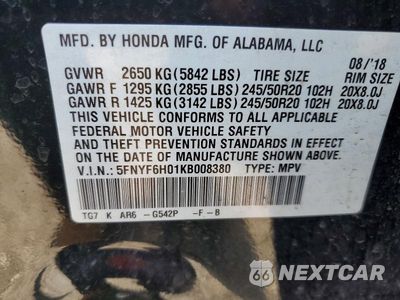 Zdjęcie 13 z 13 samochodu: 2019 HONDA PILOT ELITE VIN:5FNYF6H01KB008380 - miniatura