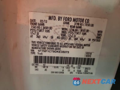 Zdjęcie 13 z 13 samochodu: 2013 FORD F-150 VIN:1FTNF1CT9DKE35075 - miniatura