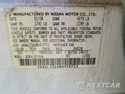 Zdjęcie 12 z 12 samochodu: 2008 NISSAN ALTIMA 2.5 VIN:1N4AL21EX8N474723 - miniatura