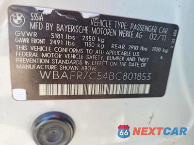 Zdjęcie 12 z 12 samochodu: 2011 BMW 5 SERIES I VIN:WBAFR7C54BC801853 - miniatura