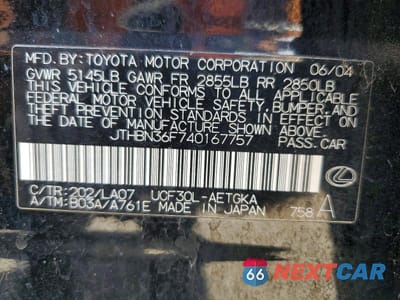 Zdjęcie 12 z 12 samochodu: 2004 LEXUS LS 430 VIN:JTHBN36F740167757 - miniatura