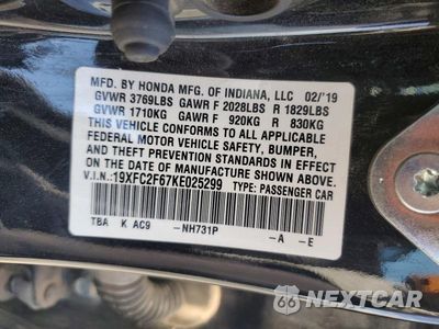 Zdjęcie 12 z 12 samochodu: 2019 HONDA CIVIC LX VIN:19XFC2F67KE025299 - miniatura