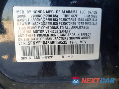 Zdjęcie 14 z 14 samochodu: 2005 HONDA PILOT EX VIN:5FNYF18435B059535 - miniatura