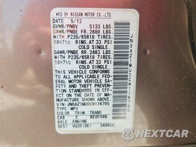 Zdjęcie 14 z 14 samochodu: 2012 NISSAN MURANO S VIN:JN8AZ1MU0CW116785 - miniatura