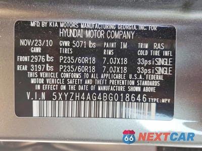 Zdjęcie 13 z 13 samochodu: 2011 HYUNDAI SANTA FE SE VIN:5XYZH4AG4BG018646 - miniatura