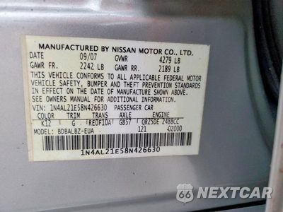 Zdjęcie 12 z 12 samochodu: 2008 NISSAN ALTIMA 2.5 VIN:1N4AL21E58N426630 - miniatura