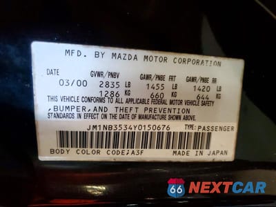 Zdjęcie 12 z 12 samochodu: 2000 MAZDA MX-5 MIATA BASE VIN:JM1NB3534Y0150676 - miniatura