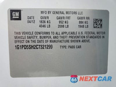 Zdjęcie 12 z 12 samochodu: 2012 CHEVROLET CRUZE LS VIN:1G1PD5SH2C7321299 - miniatura