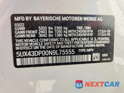 Zdjęcie 13 z 13 samochodu: 2022 BMW X3 SDRIVE30I VIN:5UX43DP00N9L75555 - miniatura