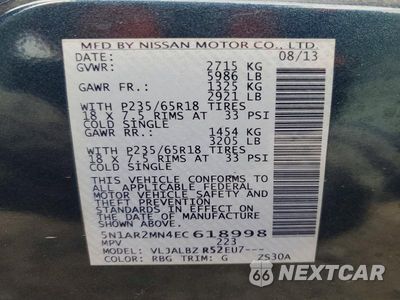 Zdjęcie 14 z 14 samochodu: 2014 NISSAN PATHFINDER S VIN:5N1AR2MN4EC618998 - miniatura