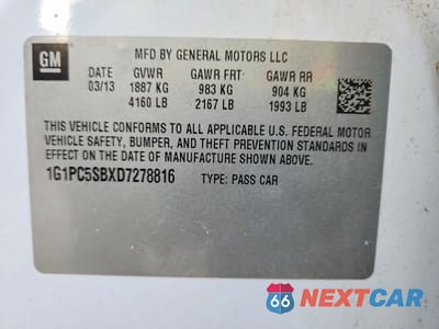 Zdjęcie 13 z 13 samochodu: 2013 CHEVROLET CRUZE LT VIN:1G1PC5SBXD7278816 - miniatura