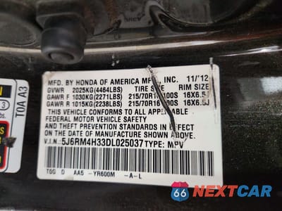 Zdjęcie 13 z 13 samochodu: 2013 HONDA CR-V LX VIN:5J6RM4H33DL025037 - miniatura