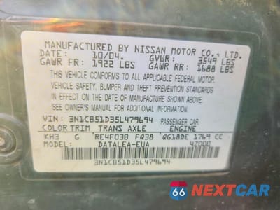 Zdjęcie 13 z 13 samochodu: 2005 NISSAN SENTRA 1.8 VIN:3N1CB51D35L479694 - miniatura