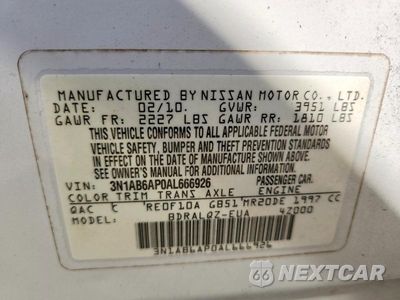 Zdjęcie 12 z 12 samochodu: 2010 NISSAN SENTRA 2.0 VIN:3N1AB6AP0AL666926 - miniatura