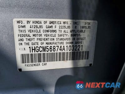 Zdjęcie 12 z 12 samochodu: 2004 HONDA ACCORD EX VIN:1HGCM56874A103221 - miniatura