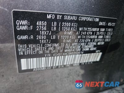 Zdjęcie 12 z 12 samochodu: 2022 SUBARU OUTBACK LIMITED VIN:4S4BTANC5N3252014 - miniatura
