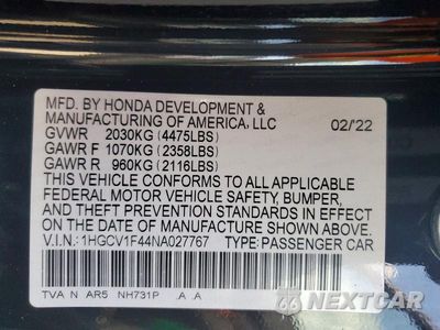 Zdjęcie 12 z 12 samochodu: 2022 HONDA ACCORD SPORT SE VIN:1HGCV1F44NA027767 - miniatura