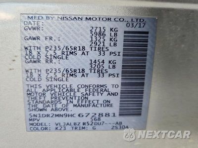 Zdjęcie 13 z 13 samochodu: 2017 NISSAN PATHFINDER S VIN:5N1DR2MN9HC672881 - miniatura