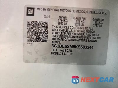 Zdjęcie 12 z 12 samochodu: 2019 CHEVROLET CRUZE LT VIN:3G1BE6SM5KS583344 - miniatura