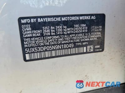 Zdjęcie 14 z 14 samochodu: 2022 BMW X3 XDRIVE30I VIN:5UX53DP05N9N18049 - miniatura