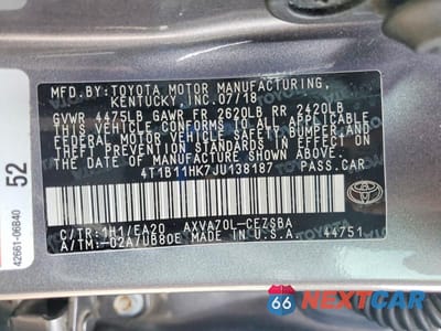 Zdjęcie 12 z 12 samochodu: 2018 TOYOTA CAMRY SE VIN:4T1B11HK7JU138187 - miniatura