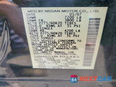 Zdjęcie 12 z 12 samochodu: 2008 NISSAN TITAN XE VIN:1N6AA07CX8N305485 - miniatura