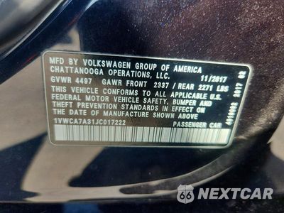 Zdjęcie 12 z 12 samochodu: 2018 VOLKSWAGEN PASSAT SEL PREMIUM VIN:1VWCA7A31JC017222 - miniatura