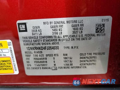 Zdjęcie 12 z 12 samochodu: 2015 CHEVROLET TRAVERSE LT VIN:1GNKRHKD4FJ264930 - miniatura