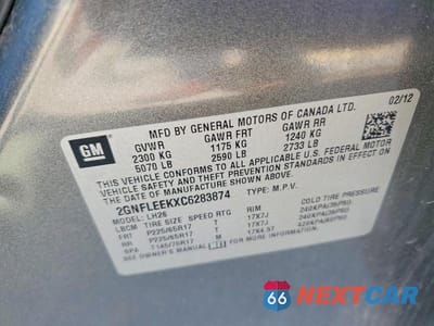 Zdjęcie 12 z 12 samochodu: 2012 CHEVROLET EQUINOX LT VIN:2GNFLEEKXC6283874 - miniatura