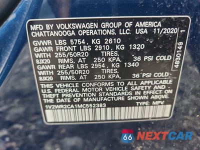 Zdjęcie 13 z 13 samochodu: 2021 VOLKSWAGEN ATLAS SE VIN:1V2WR2CA1MC552383 - miniatura