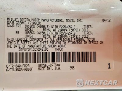 Zdjęcie 12 z 12 samochodu: 2012 TOYOTA TUNDRA DOUBLE CAB SR5 VIN:5TFUY5F13CX248195 - miniatura