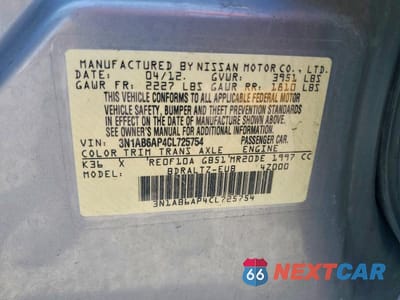 Zdjęcie 12 z 12 samochodu: 2012 NISSAN SENTRA 2.0 VIN:3N1AB6AP4CL725754 - miniatura