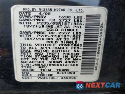 Zdjęcie 13 z 13 samochodu: 2009 NISSAN MURANO S VIN:JN8AZ18W89W131586 - miniatura