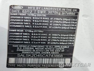 Zdjęcie 14 z 14 samochodu: 2012 LAND ROVER RANGE ROVER SPORT HSE LUXURY VIN:SALSK2D45CA743868 - miniatura