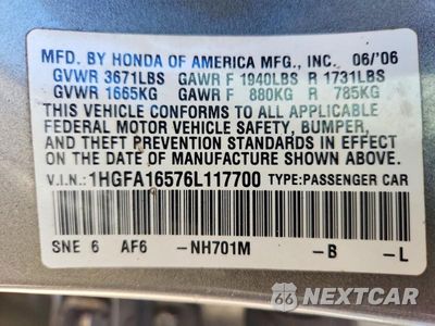 Zdjęcie 12 z 12 samochodu: 2006 HONDA CIVIC LX VIN:1HGFA16576L117700 - miniatura
