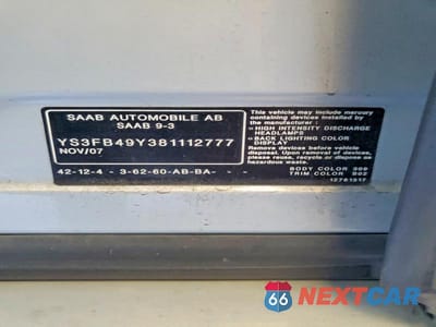 Zdjęcie 12 z 12 samochodu: 2008 SAAB 9-3 2.0T VIN:YS3FB49Y381112777 - miniatura