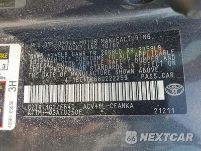 Zdjęcie 12 z 12 samochodu: 2008 TOYOTA CAMRY LE VIN:4T1BE46K68U222259 - miniatura