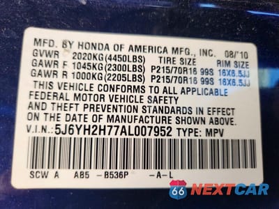 Zdjęcie 13 z 13 samochodu: 2010 HONDA ELEMENT EX VIN:5J6YH2H77AL007952 - miniatura