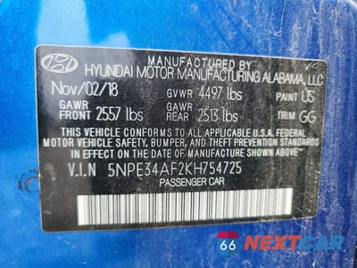 Zdjęcie 12 z 12 samochodu: 2019 HYUNDAI SONATA SEL VIN:5NPE34AF2KH754725 - miniatura