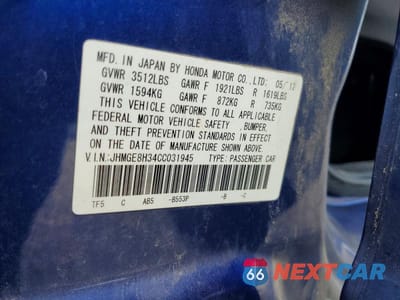 Zdjęcie 12 z 12 samochodu: 2012 HONDA FIT VIN:JHMGE8H34CC031945 - miniatura