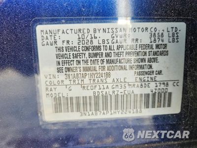 Zdjęcie 13 z 13 samochodu: 2017 NISSAN SENTRA SR VIN:3N1AB7AP1HY224188 - miniatura