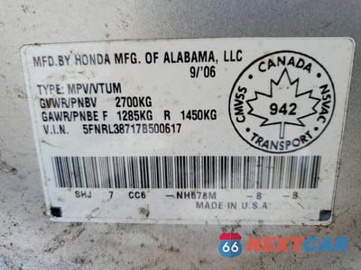 Zdjęcie 13 z 13 samochodu: 2007 HONDA ODYSSEY EXL VIN:5FNRL38717B500617 - miniatura