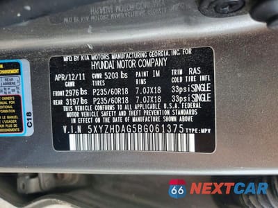 Zdjęcie 12 z 12 samochodu: 2011 HYUNDAI SANTA FE SE VIN:5XYZHDAG5BG061375 - miniatura