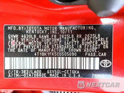 Zdjęcie 12 z 12 samochodu: 2012 TOYOTA CAMRY XLE V6 VIN:4T1BK1FK5CU505090 - miniatura
