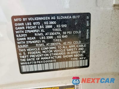 Zdjęcie 13 z 13 samochodu: 2017 VOLKSWAGEN TOUAREG EXECUTIVE VIN:WVGGF7BP6HD005915 - miniatura
