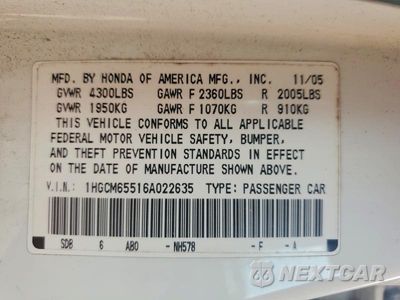 Zdjęcie 13 z 13 samochodu: 2006 HONDA ACCORD EX VIN:1HGCM65516A022635 - miniatura
