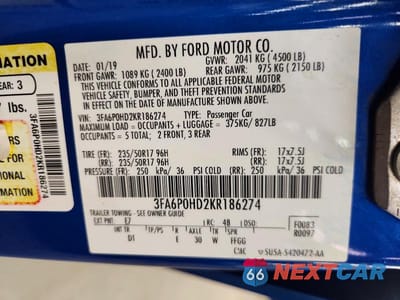 Zdjęcie 12 z 12 samochodu: 2019 FORD FUSION SE VIN:3FA6P0HD2KR186274 - miniatura