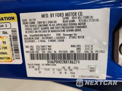 Zdjęcie 12 z 12 samochodu: 2019 FORD FUSION SE VIN:3FA6P0HD2KR186274 - miniatura