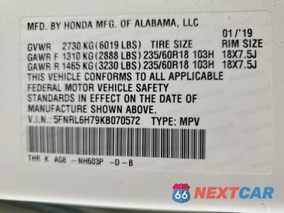 Zdjęcie 13 z 13 samochodu: 2019 HONDA ODYSSEY EXL VIN:5FNRL6H79KB070572 - miniatura